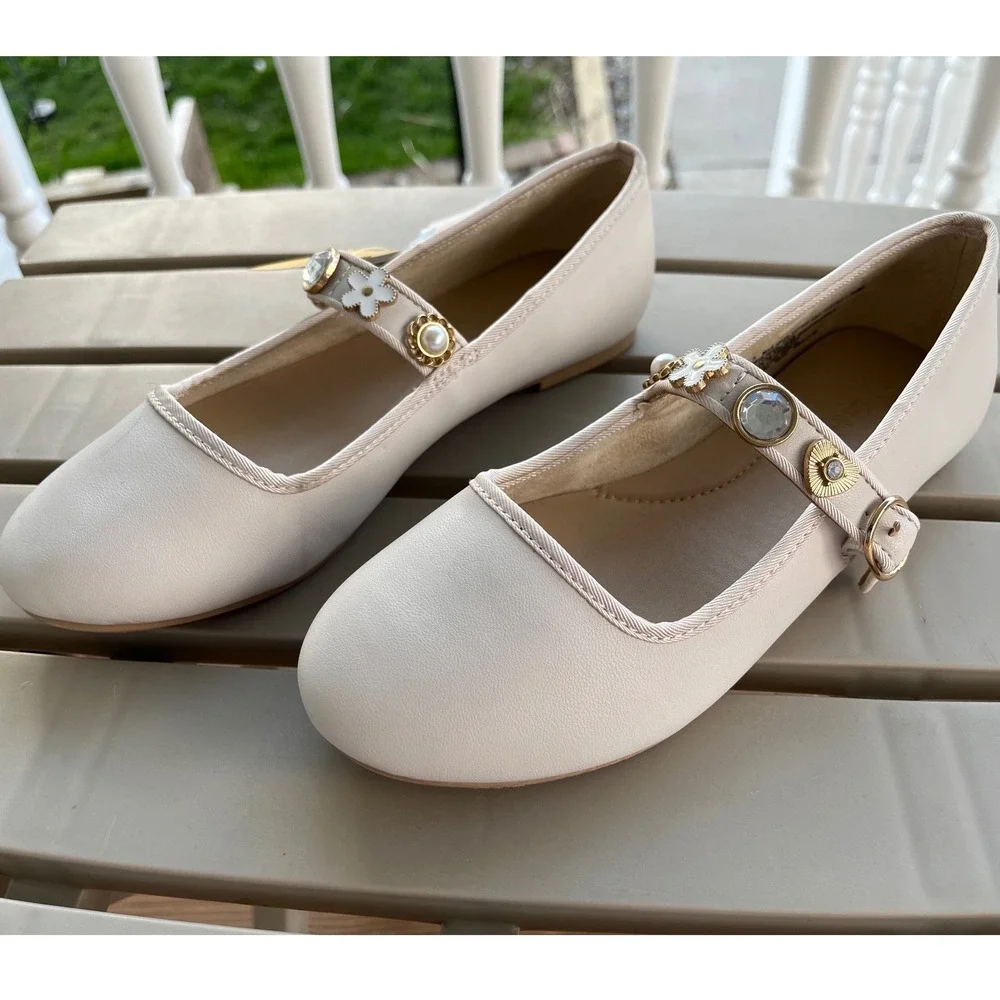 Cat &‎ Jack Marla Ivory Mary Jane Flats Embellished Strap Kids Size 3 NEW